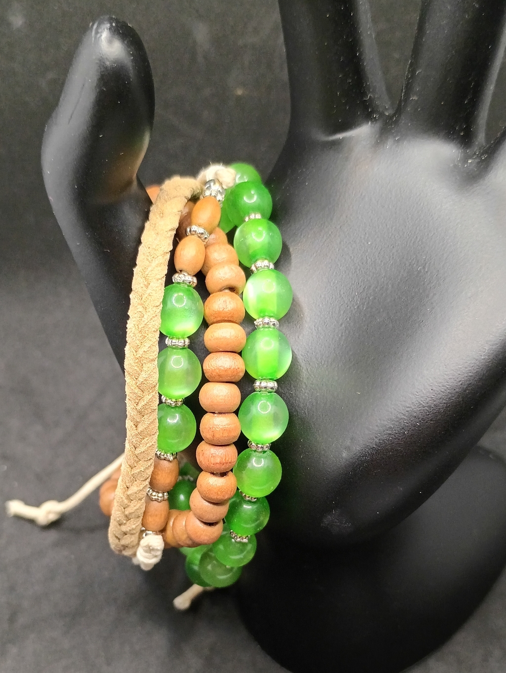 Stacked Green Beaded and Braided Bracelet Set